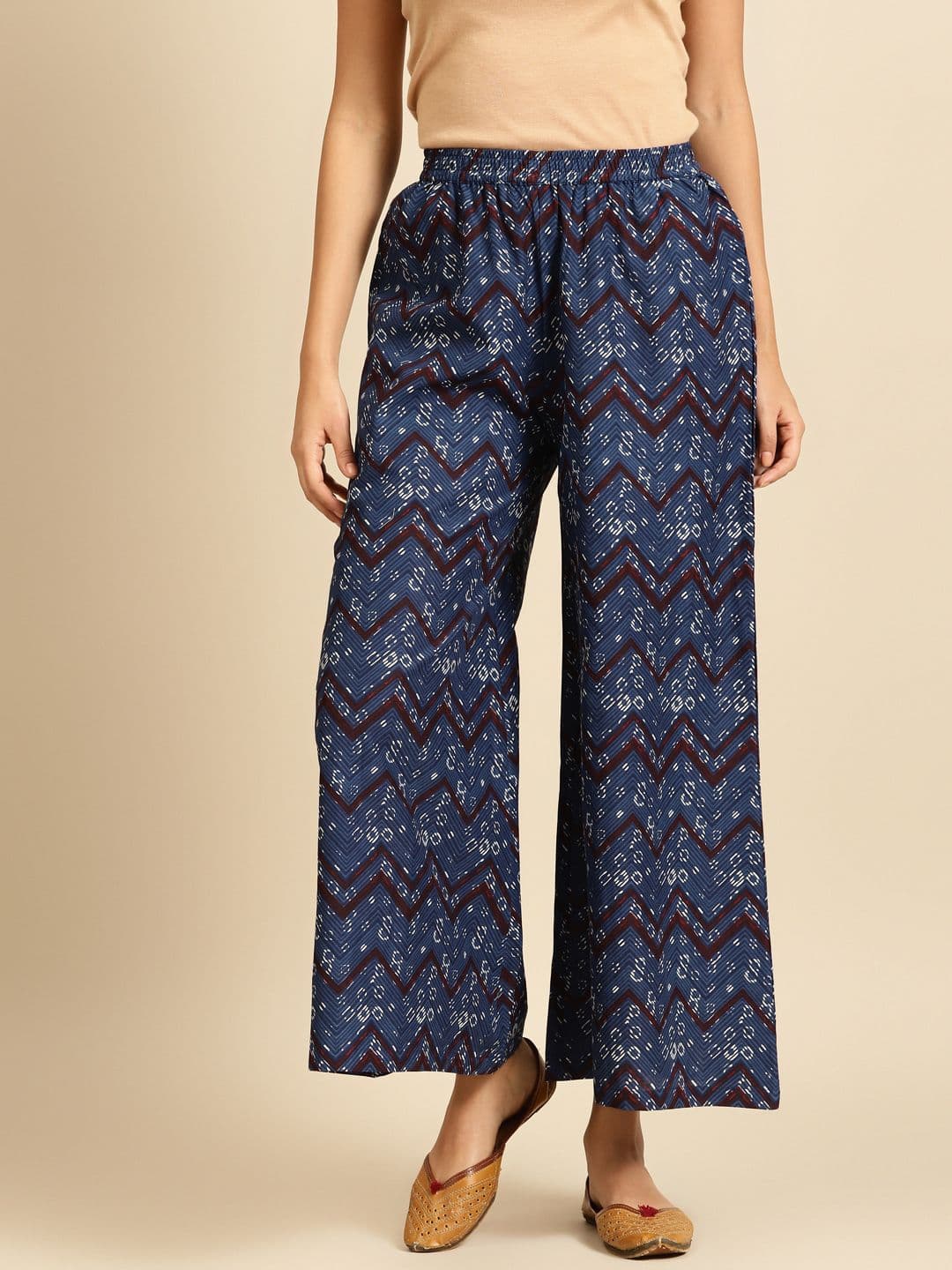 anayna Women Navy Blue & Maroon Printed Wide Leg Palazzos - view 1