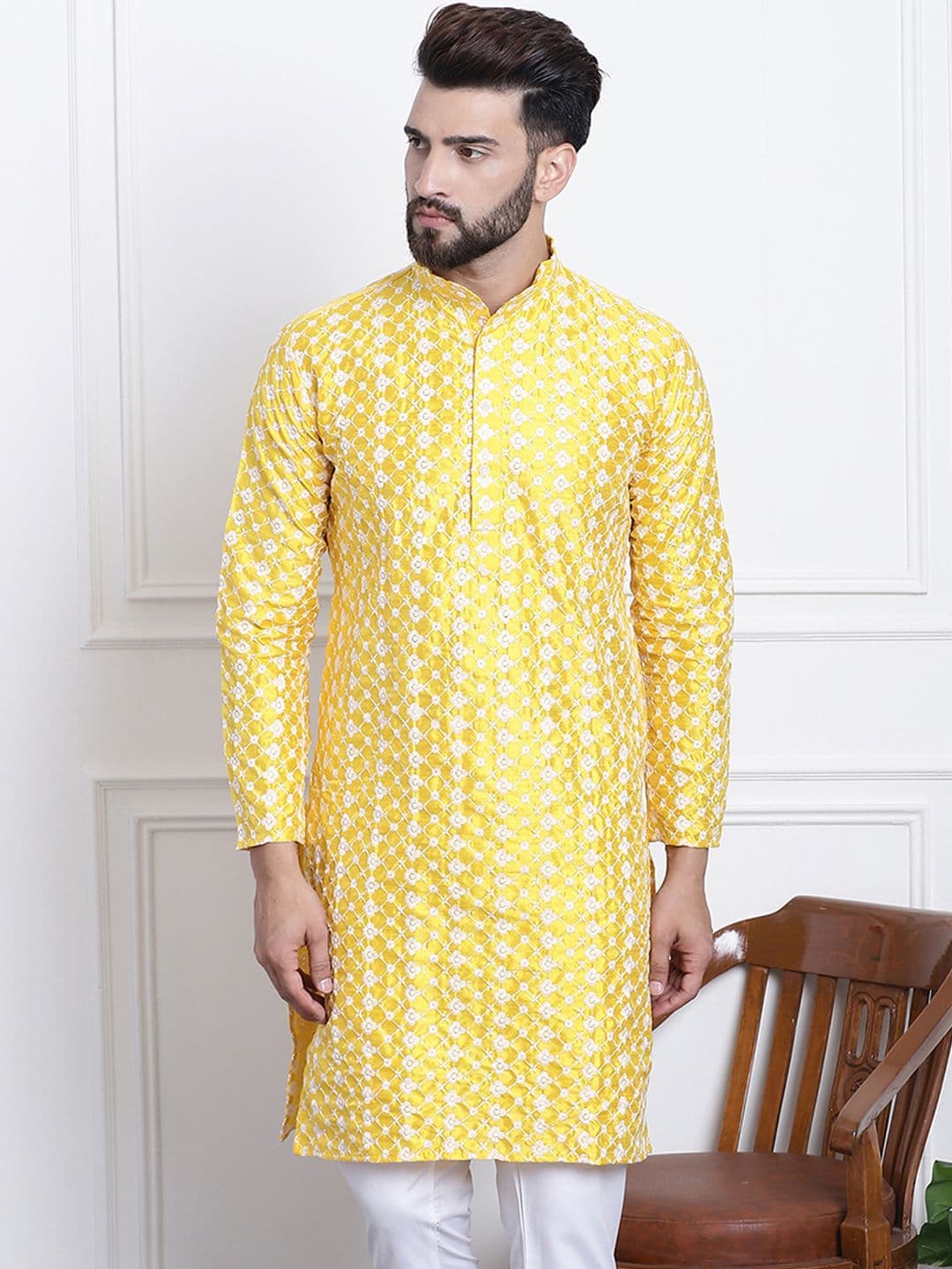 SOJANYA Men Yellow & White Ethnic Motifs Embroidered Straight Kurta - view 1