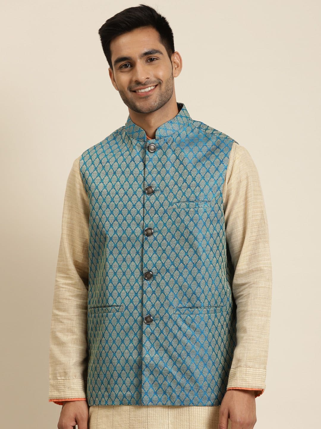 Sojanya Men Blue and Beige Jacquard Woven Design Silk Nehru Jacket - view 1