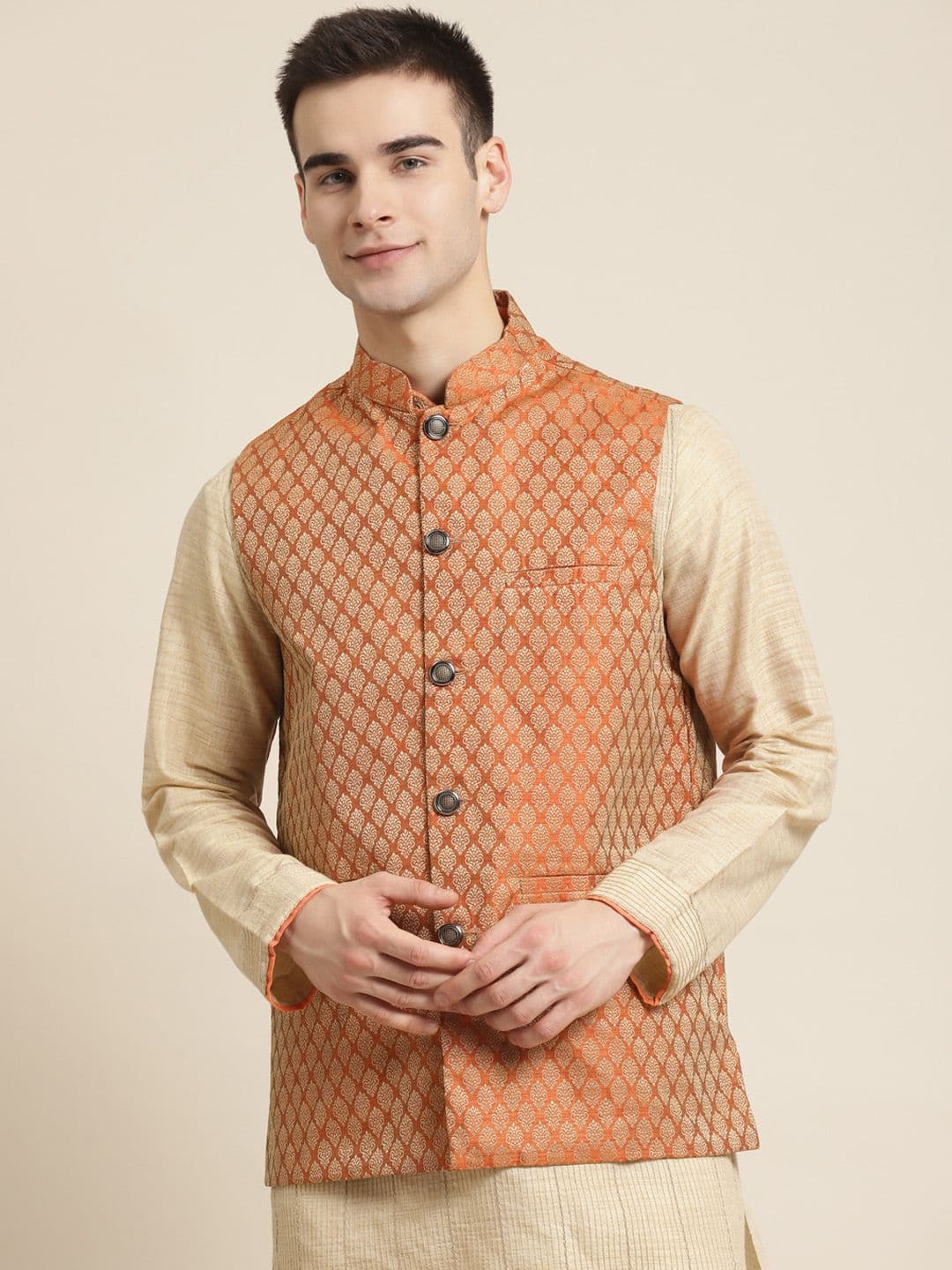 SOJANYA Men Rust Orange & Golden Woven Design Jacquard Silk Nehru - view 1