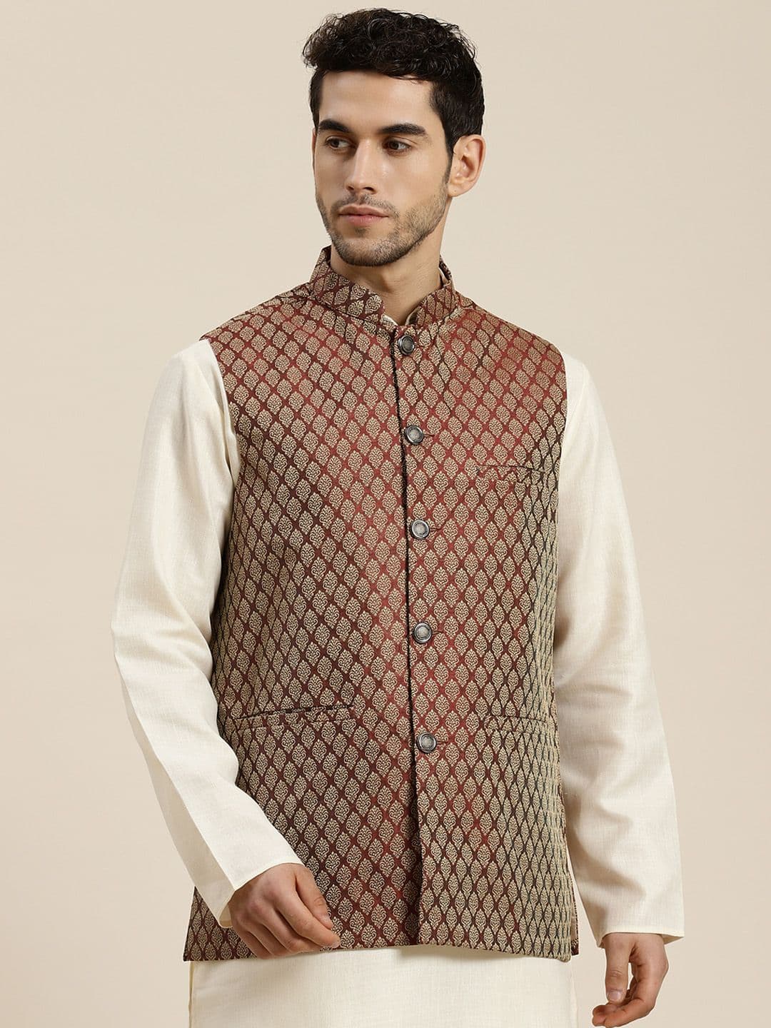 SOJANYA Men Maroon & Beige Woven Design Jacquard Silk Nehru Jacket - view 1