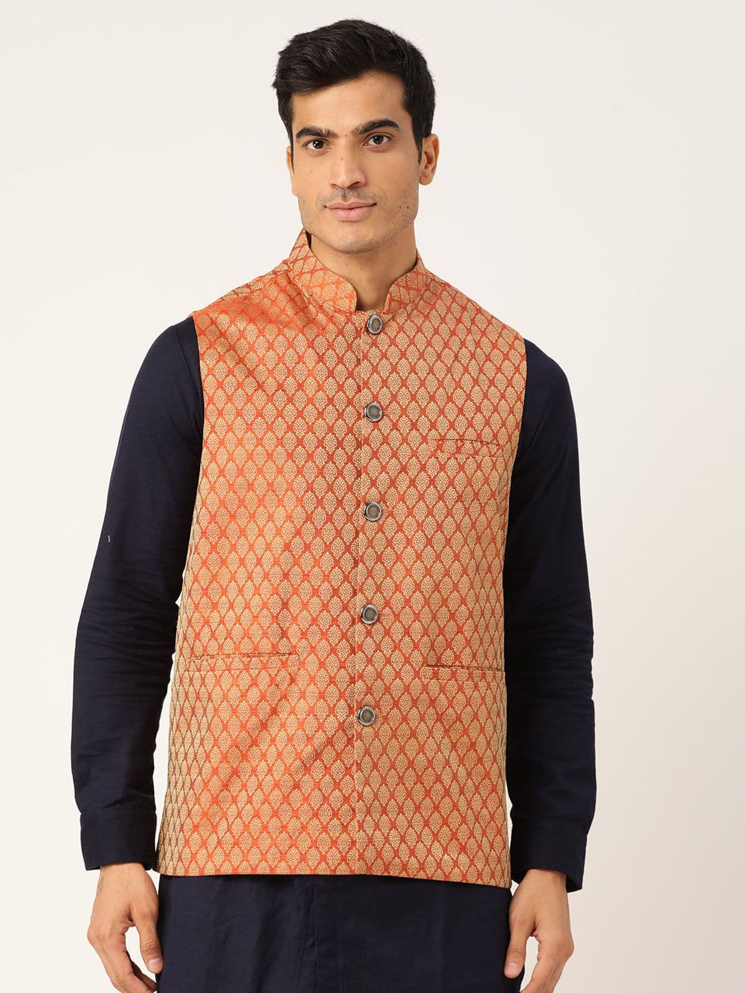 Sojanya Men Orange & Golden Self Design Jacquard Silk Nehru Jacket - view 1