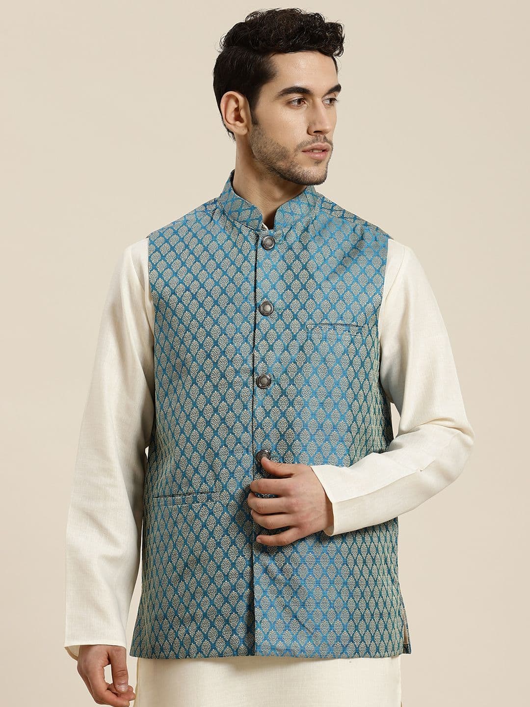 SOJANYA Men Teal Blue & Beige Woven Design Jacquard Nehru Jacket - view 1