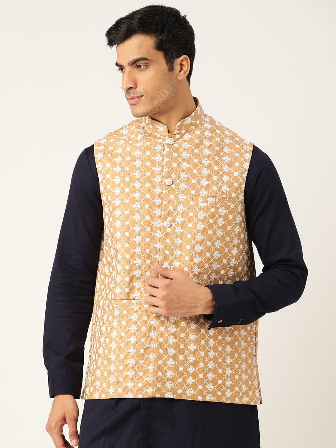 Sojanya Men Mustard Yellow & Off-White Jacquard Silk Self Design Nehru Jacket - view 1