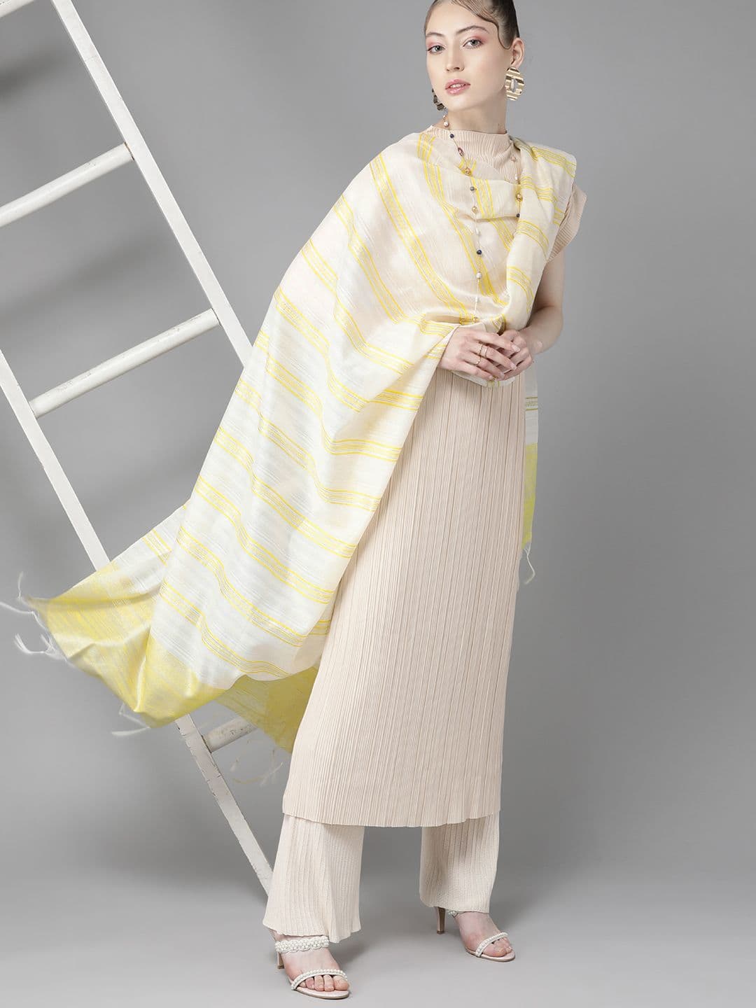 Indo Era Classic Off White and Yellow Striped Dupatta - view 1