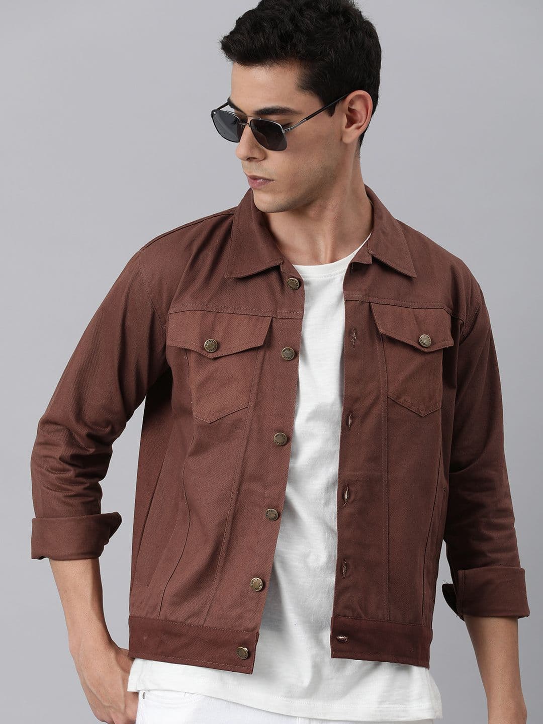 VOXATI Men Brown Solid Denim Jacket - view 1