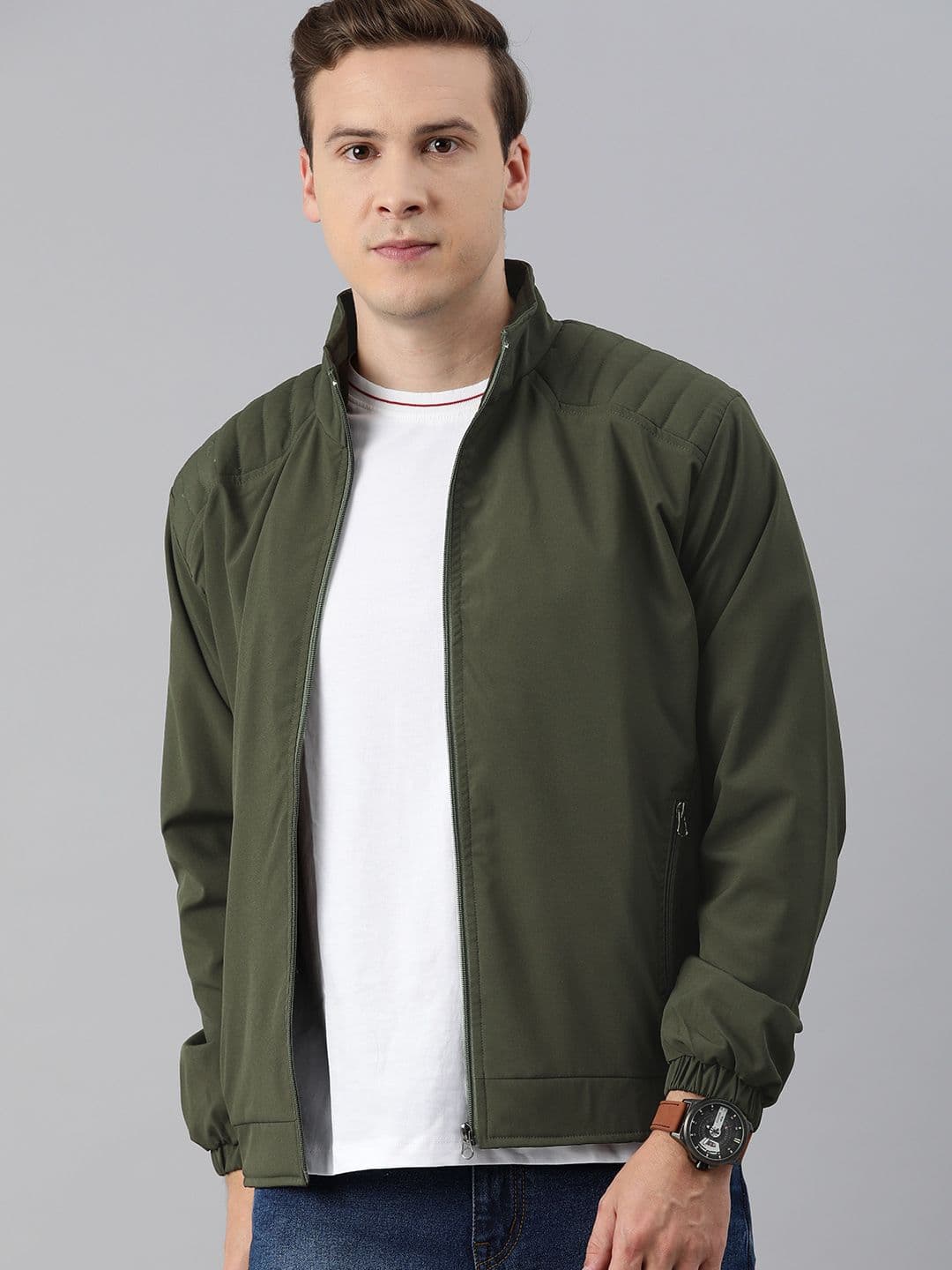 VOXATI Men Green Solid Bomber Jacket