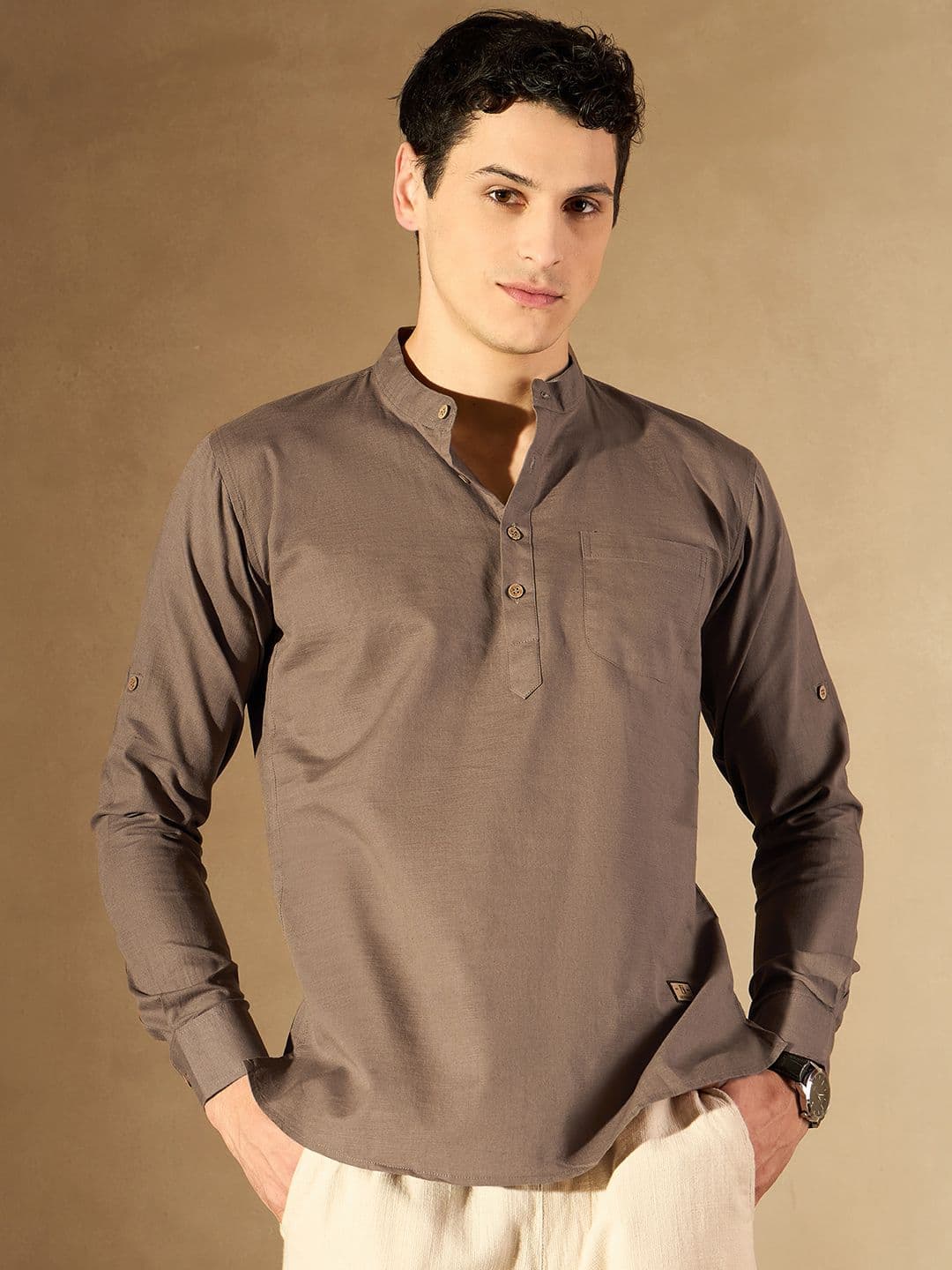DENNISON Men Brown Solid Straight Pure Cotton Short Kurta - view 1