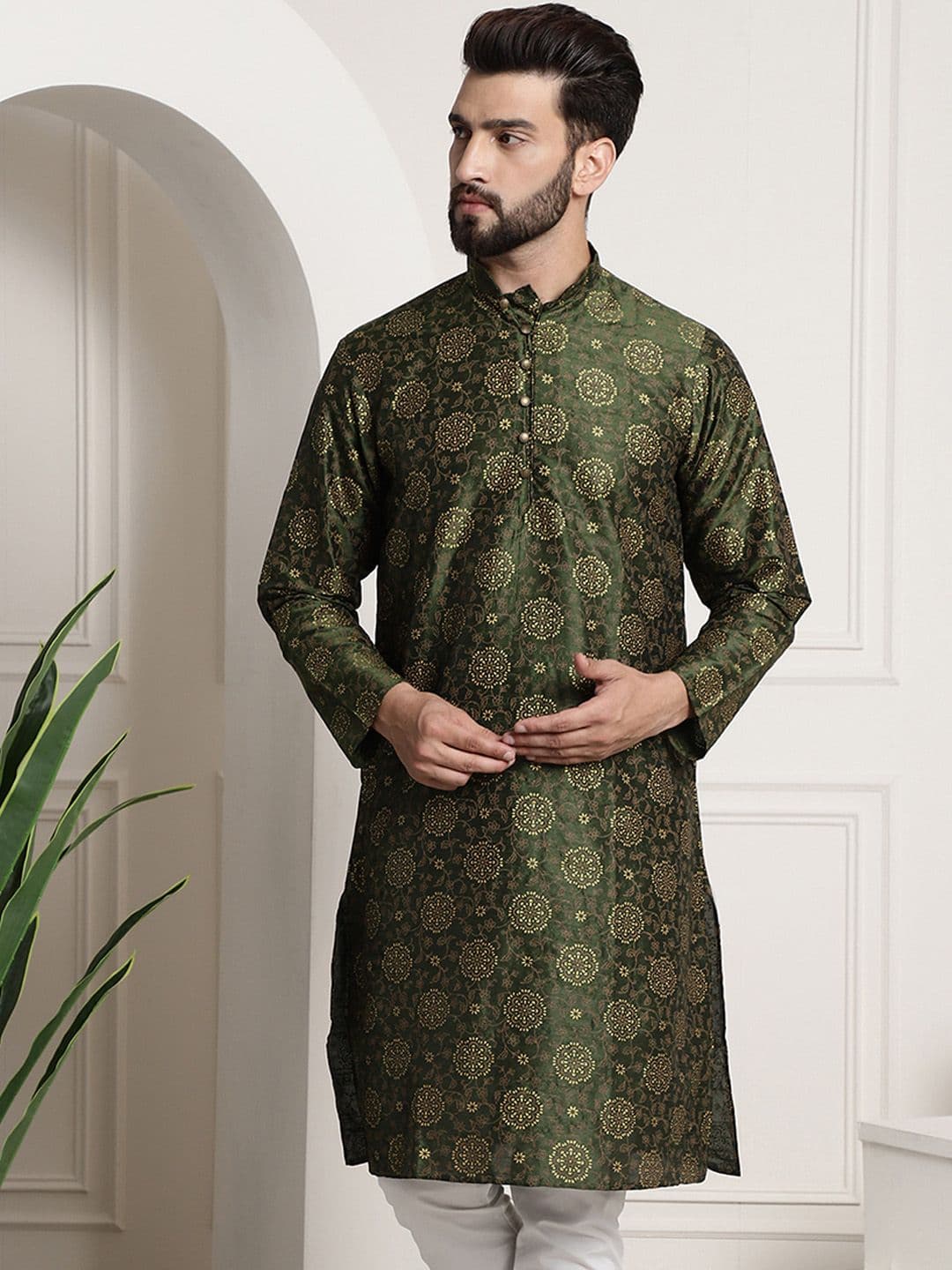 SOJANYA Men Green & Brown Ethnic Motifs Printed Kurta - view 1