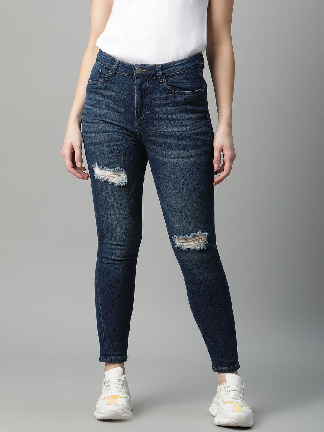 Mast & Harbour Women Navy Blue Skinny Fit Mildly Distressed Light Fade Stretchable Jeans - view 1