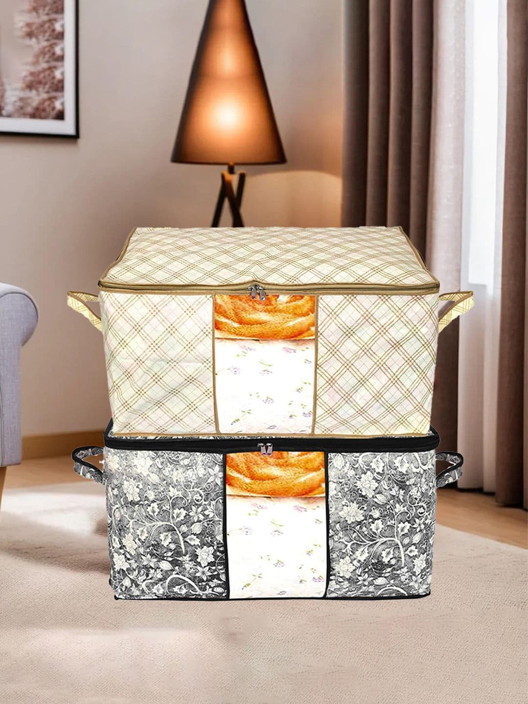 Kuber Industries Set of 2 Black & Cream- Coloured Metallic Printed Cloth Organisers - view 1