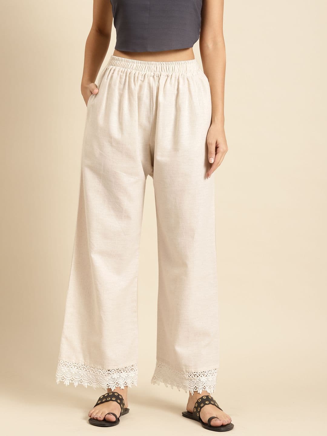 TAG 7 Women Off-White Solid Hem Design Straight Palazzos - view 1