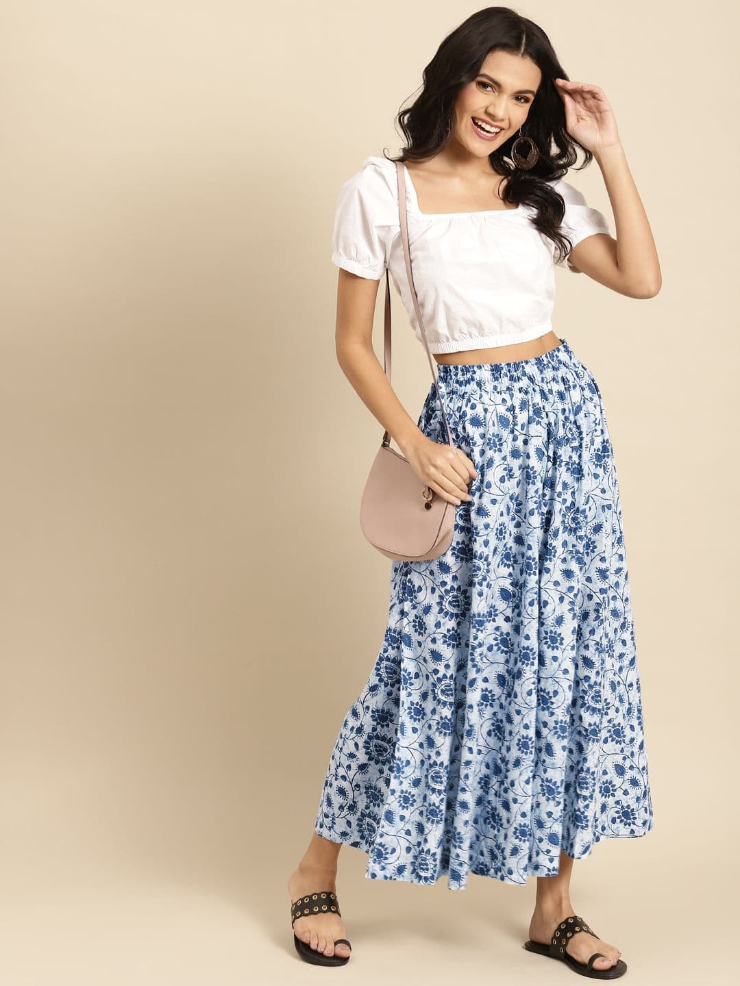 TAG 7 Women White & Blue Printed Pure Cotton Flared Palazzos - view 1