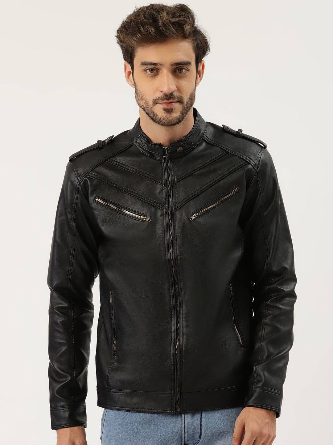 Leather Retail Men Black Solid Leather Jacket - view 1