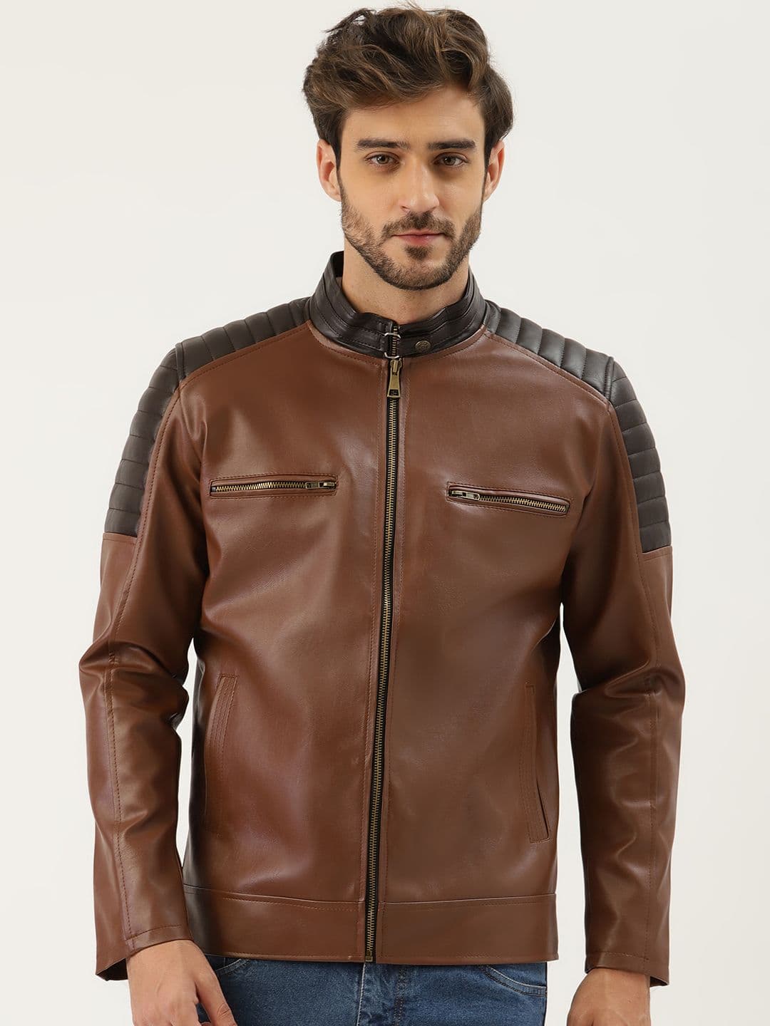 Leather Retail Men Brown Solid Leather Jacket - view 1
