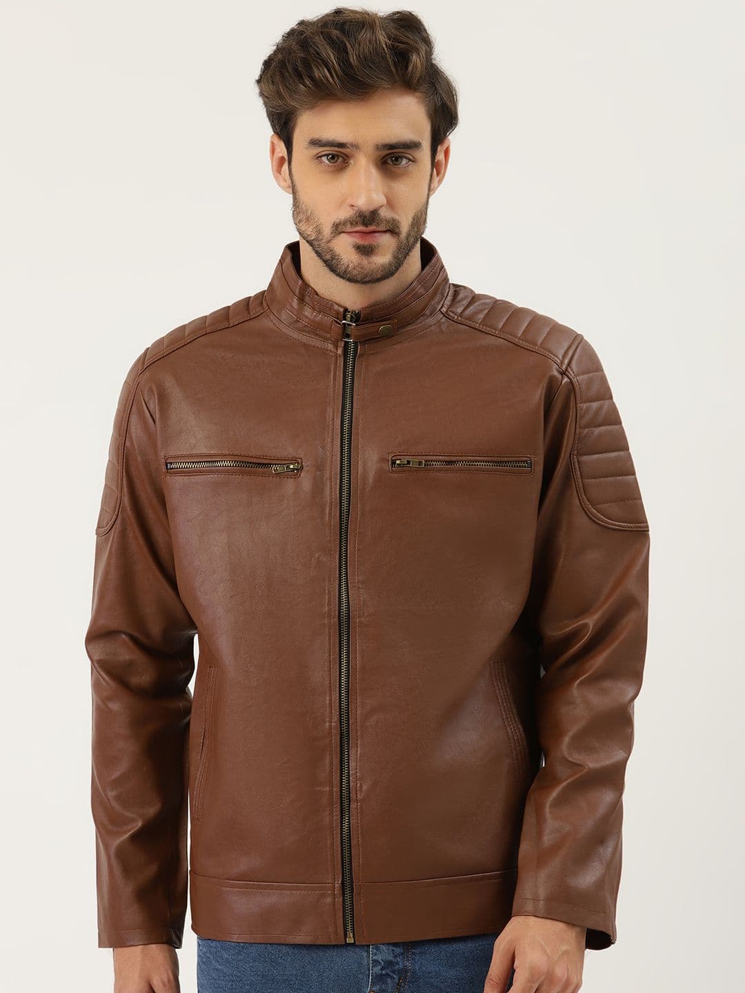 Leather Retail Men Brown Solid Leather Jacket - view 1