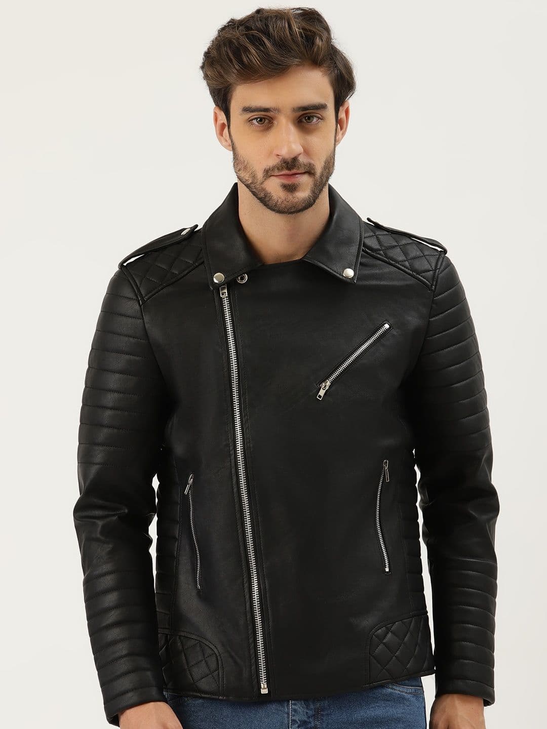 Leather Retail Men Black Solid Leather Biker Jacket - view 1