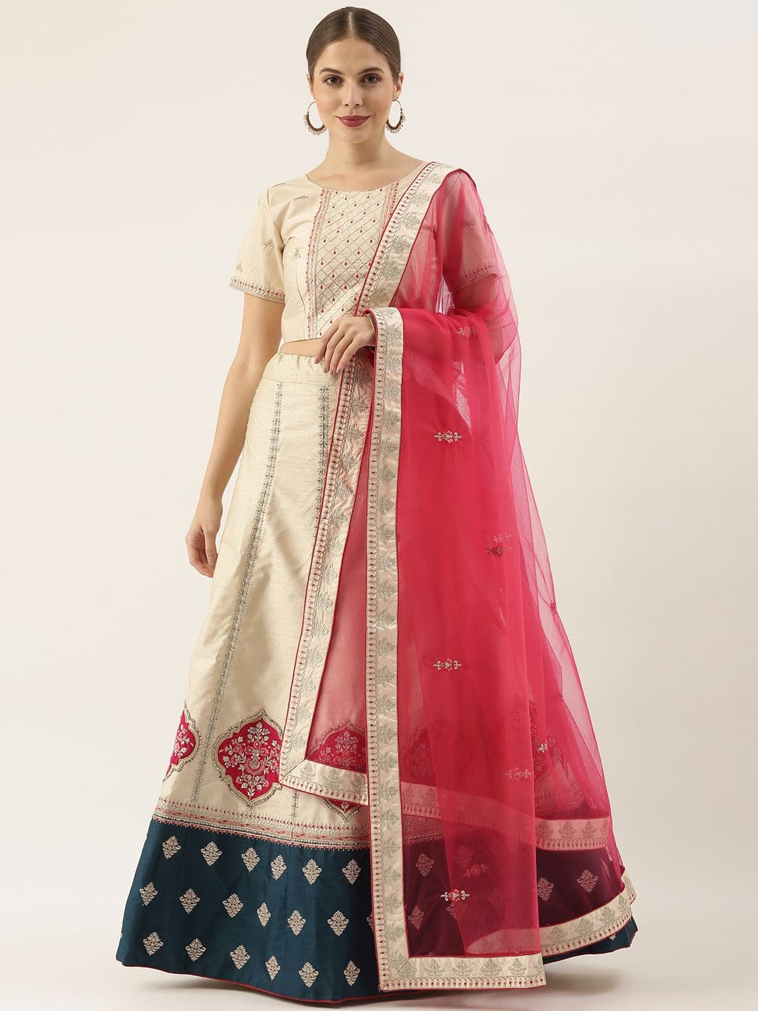 Shaily Cream Embroidered Thread Work Semi-Stitched Lehenga & Unstitched Blouse With Dupatta - view 1