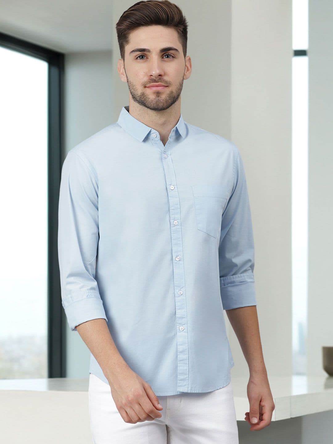 Dennis Lingo Men Blue Cotton Slim Fit Solid Casual Shirt - view 1
