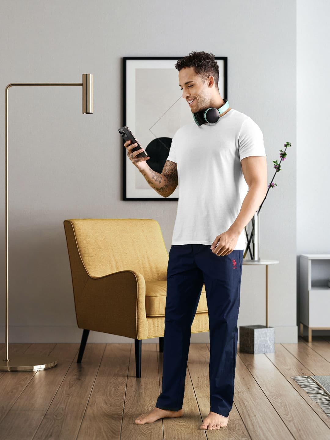 U.S. Polo Assn. Men Navy Blue Solid Pure Cotton Lounge Pants - view 1