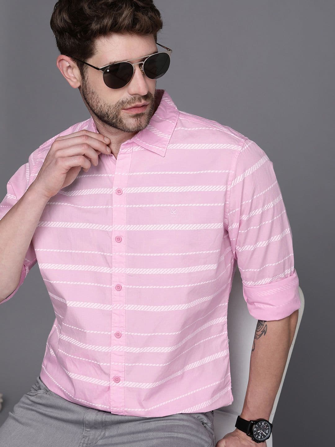 WROGN Men Pink & White Slim Fit Striped Cotton Casual Shirt - view 1