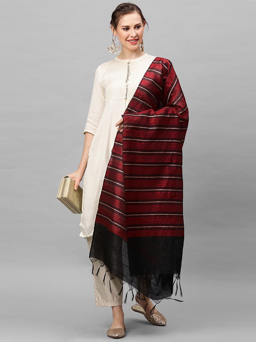 Indo Era Black & Maroon Striped Dupatta - view 1