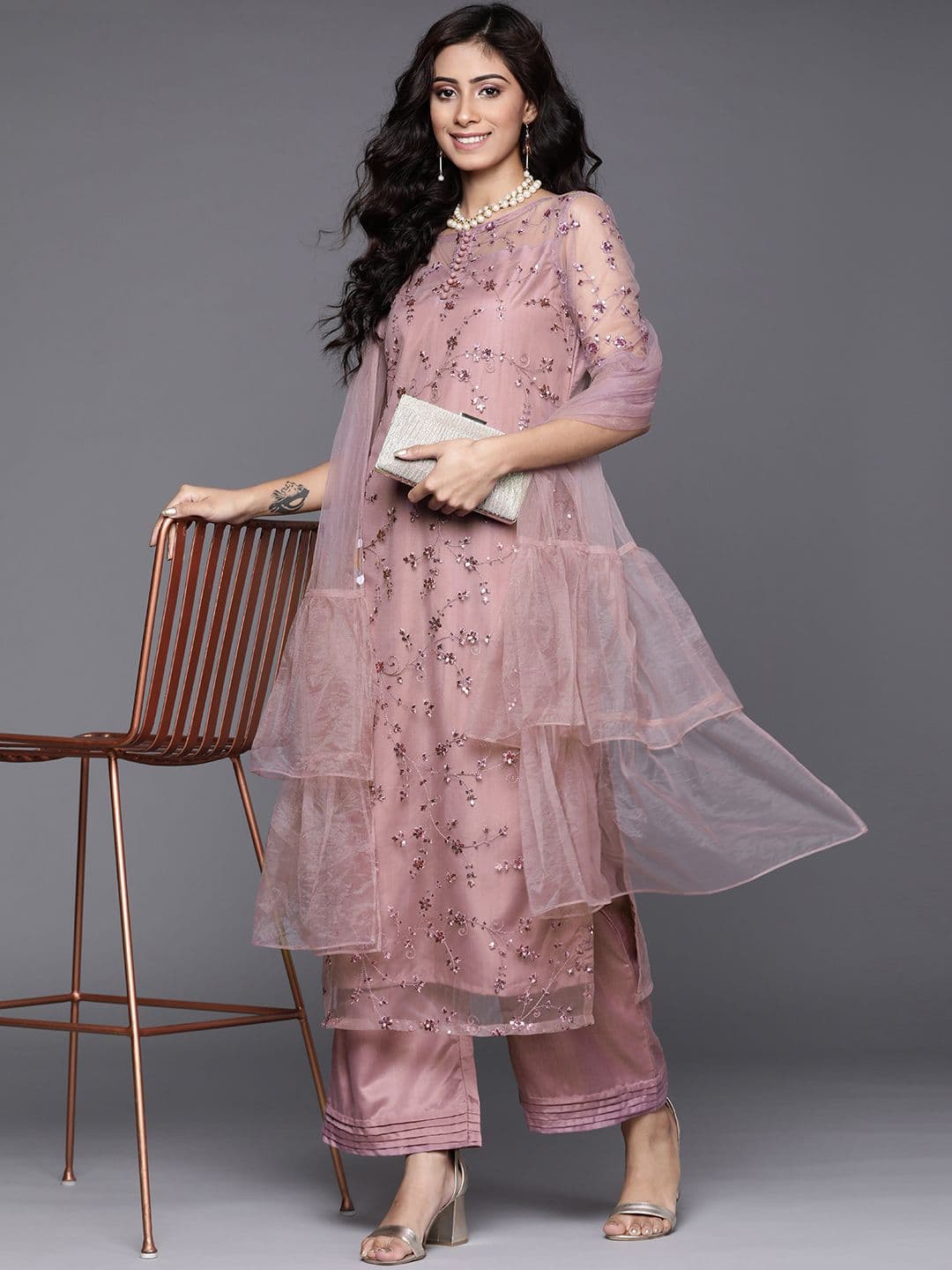 Inddus Women Mauve Net Floral Embroidered Sequinned Kurta with Palazzos & Dupatta - view 1