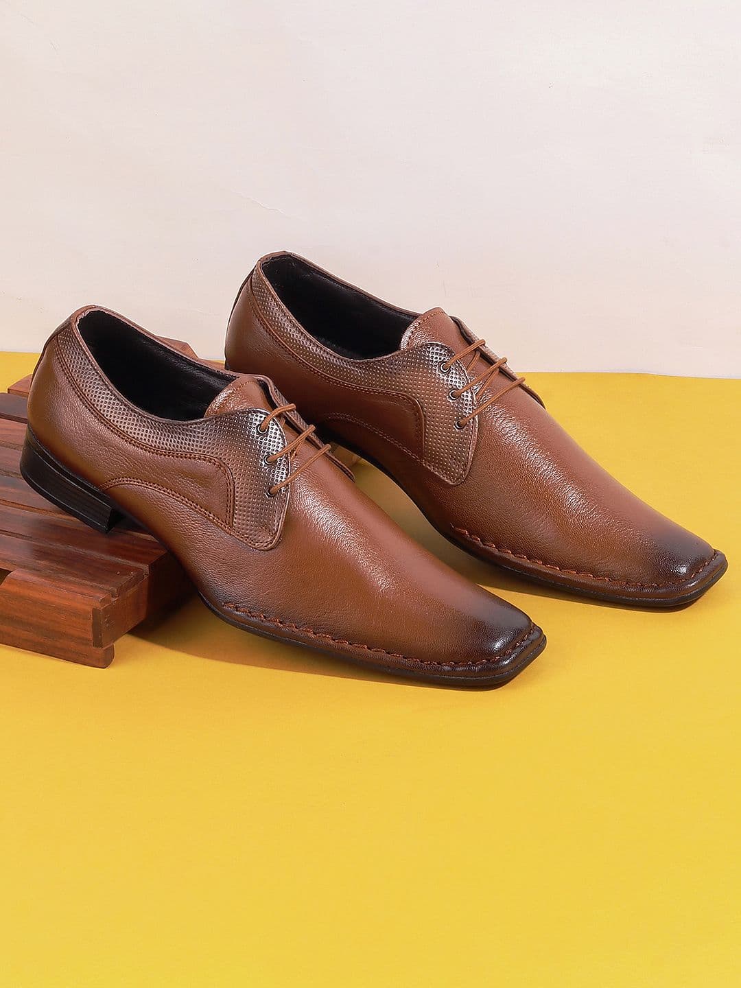 Mochi Men Tan Brown Solid Leather Formal Derbys - view 1