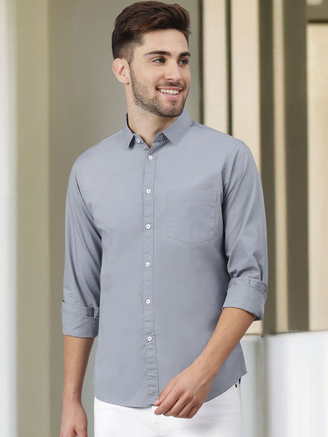 Dennis Lingo Men Grey Slim Fit Solid Casual Shirt - view 1