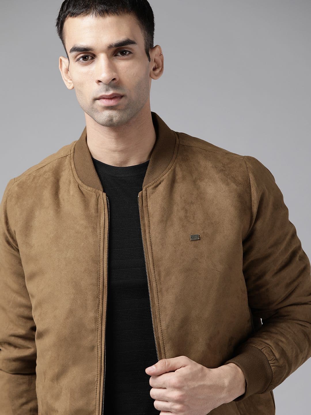 Roadster Men Brown Suede Finish Bomber Jacket - view 1