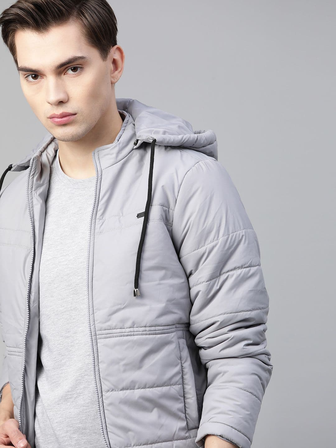 Roadster Men Grey Solid Detachable Hood Padded Jacket - view 1