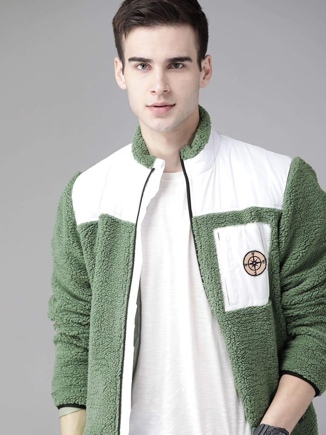 Roadster Men Sage Green & White Colourblocked Sherpa Jacket - view 1