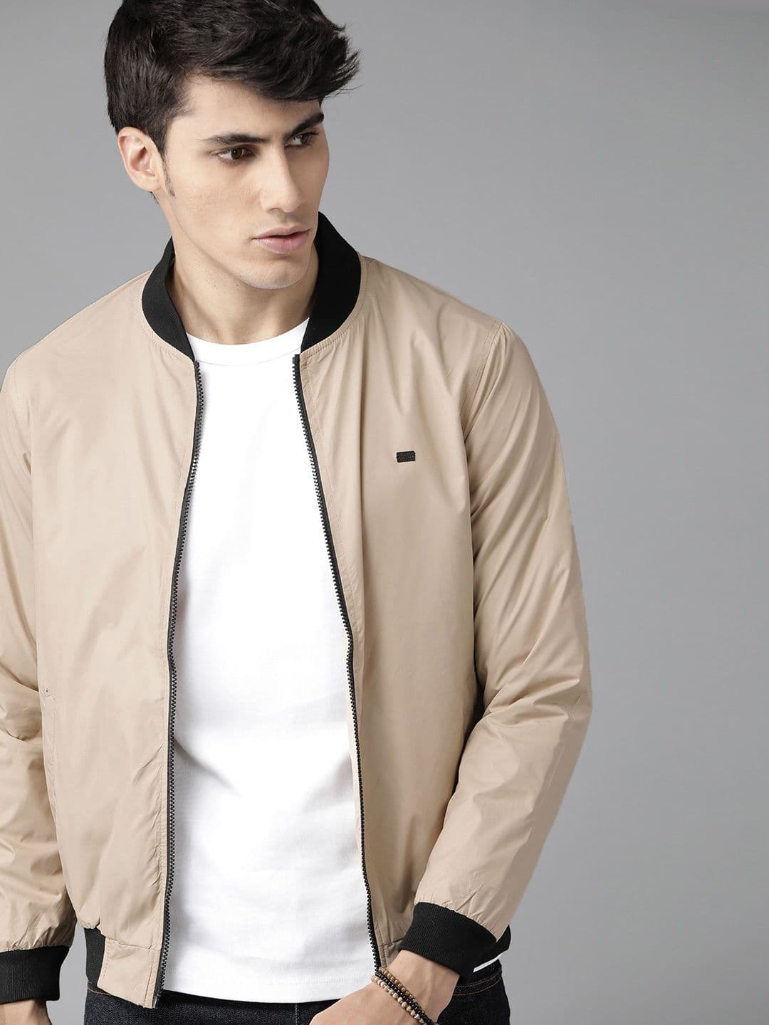 Roadster Men Beige Solid Bomber Jacket
