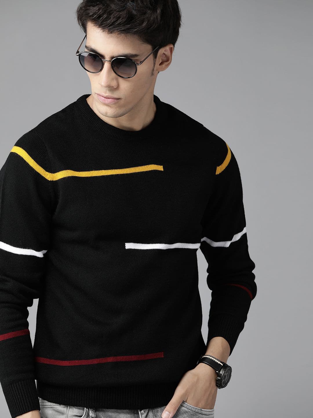 Roadster Men Black & White Striped Pullover Sweater - view 1