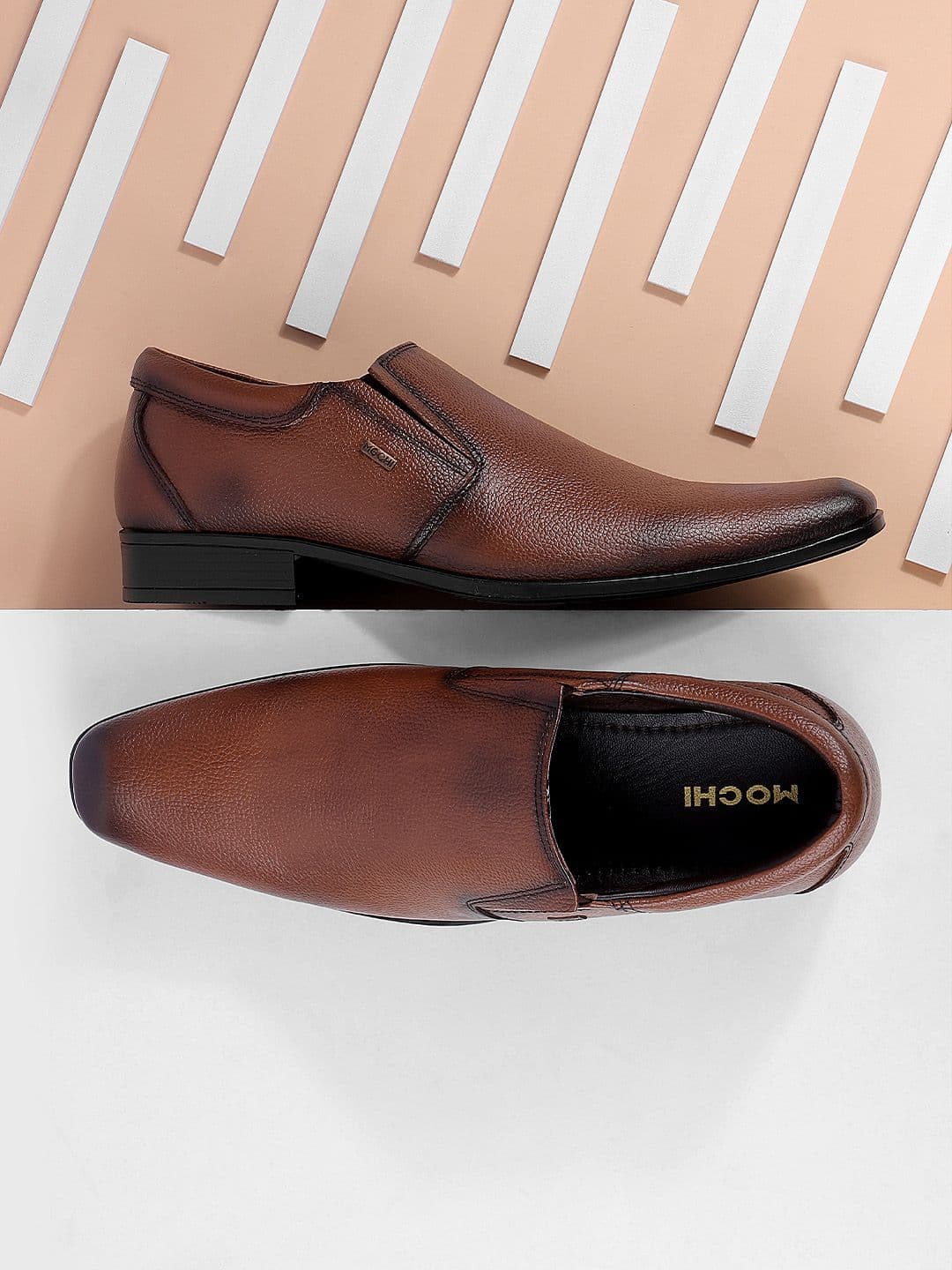 Mochi Men Tan Brown Solid Leather Formal Slip-Ons - view 1