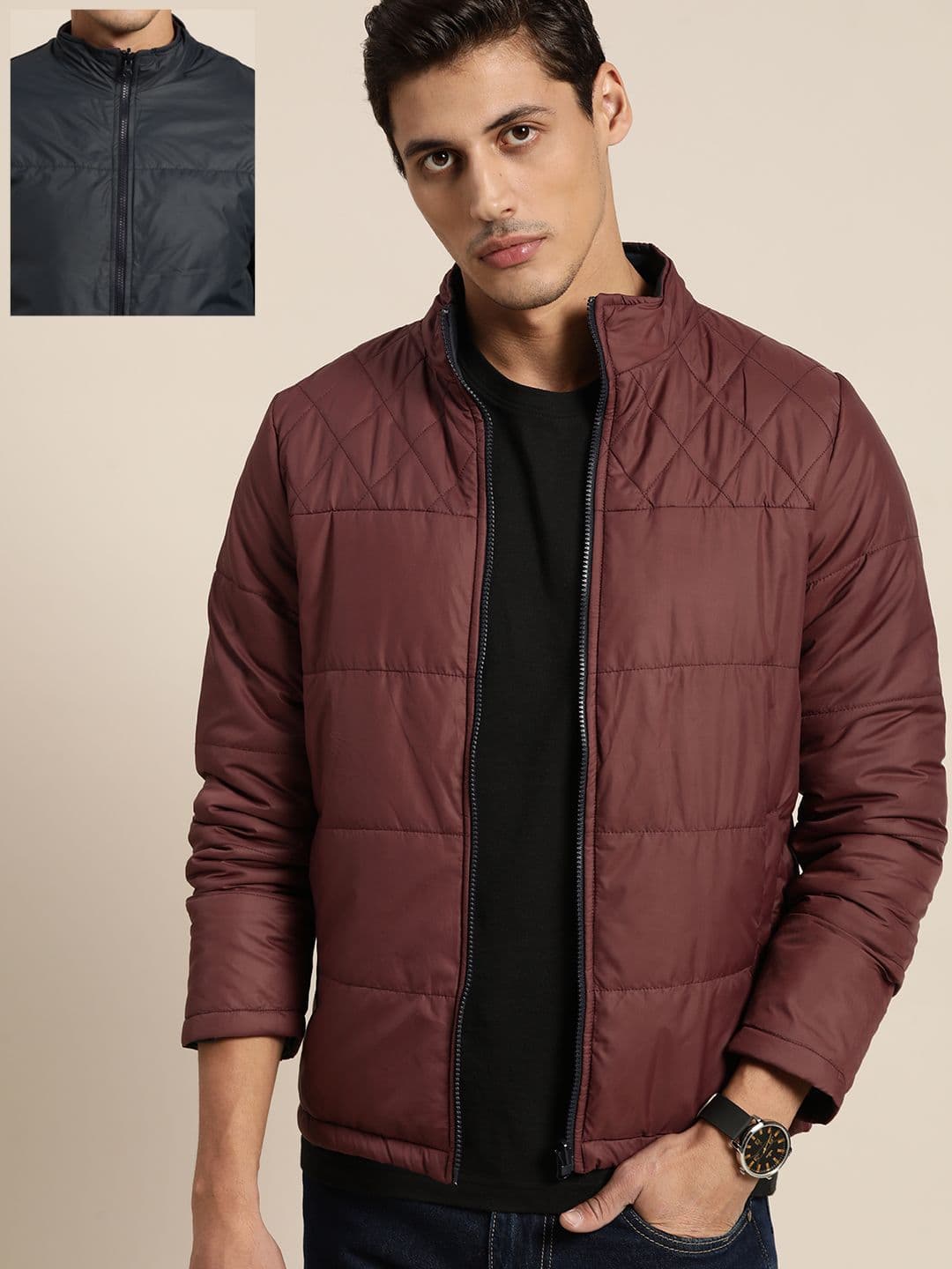 INVICTUS Men Burgundy & Grey Reversible Padded Jacket - view 1