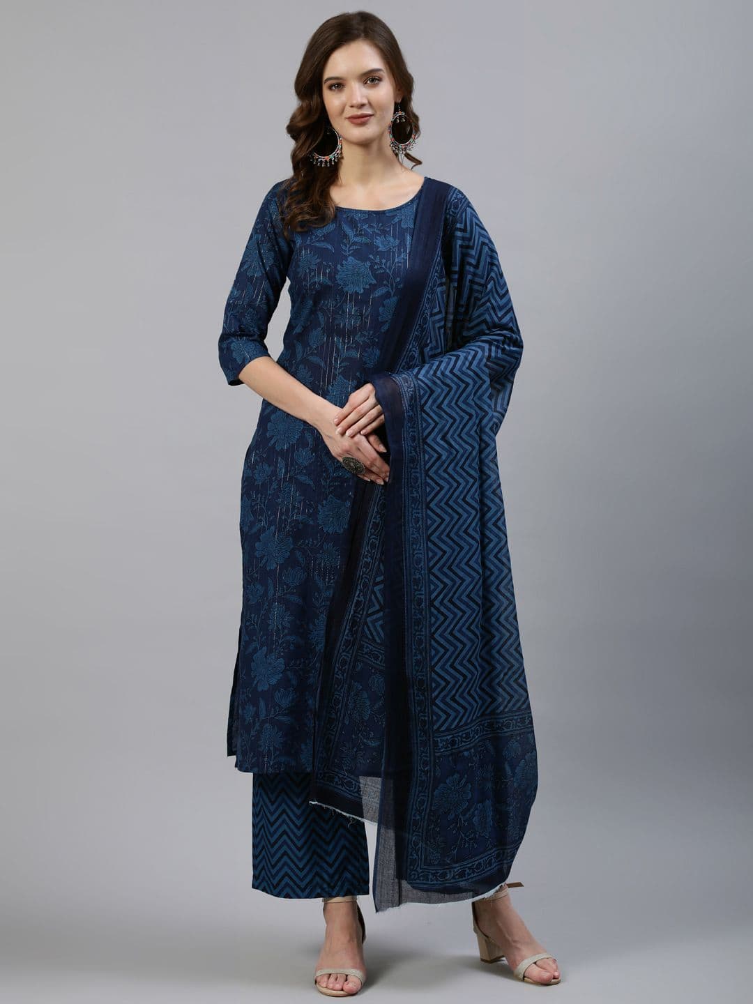 Nayo Women Navy Blue Straight Screen Print Pure Cotton Kurta & Palazzos With Dupatta - view 1