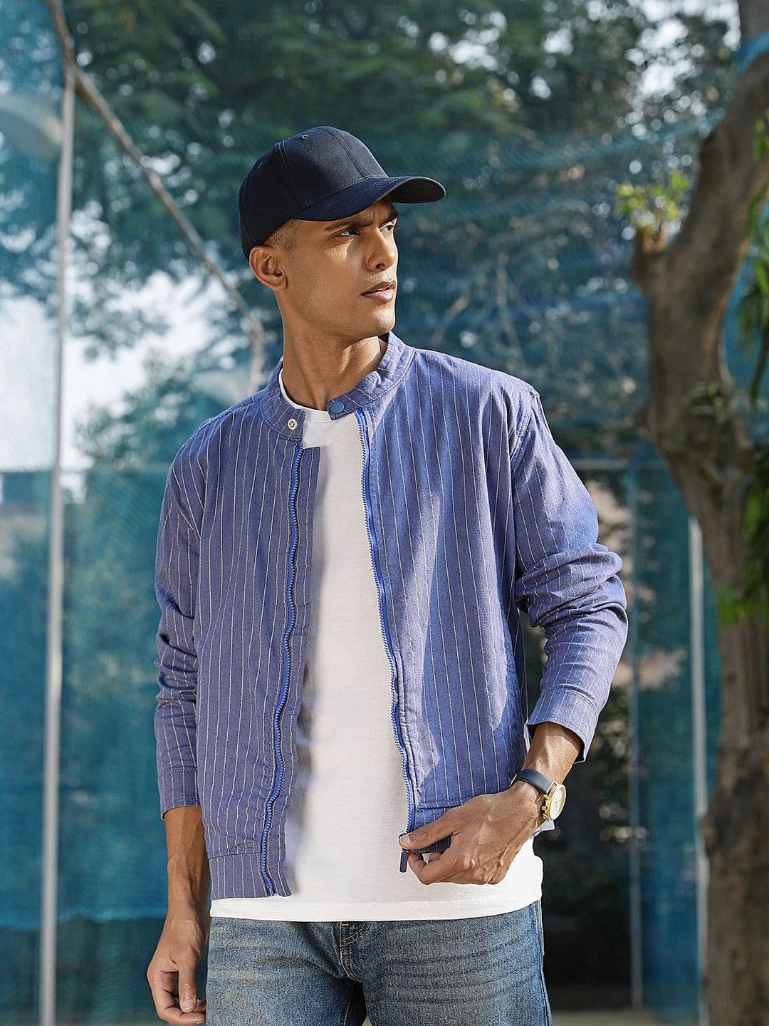 HIGHLANDER Men Blue Striped Bomber Jacket - view 1