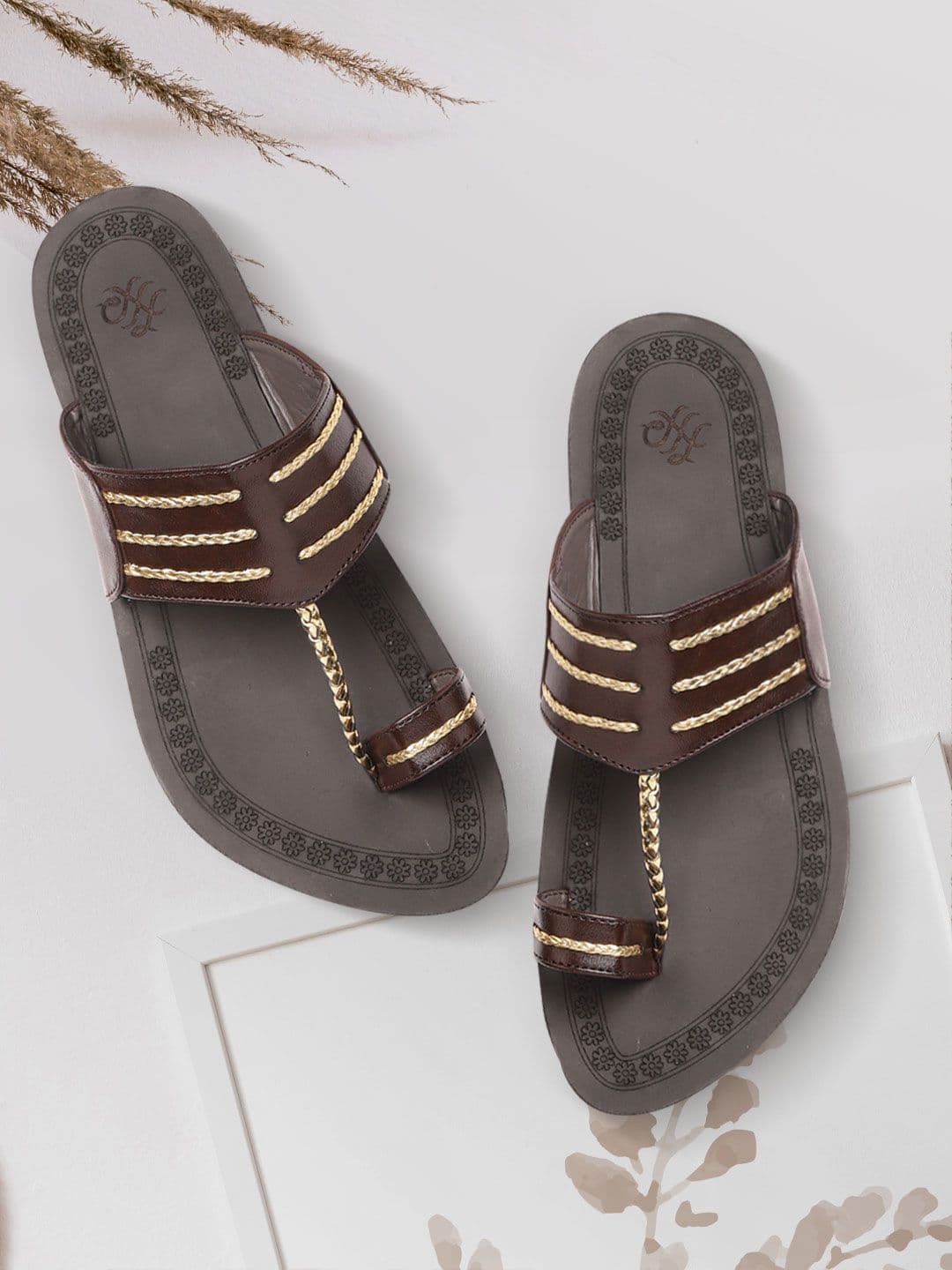 House of Pataudi Men Coffee Brown & Gold-Toned Braided Detail Handcrafted One Toe Sandal - view 1