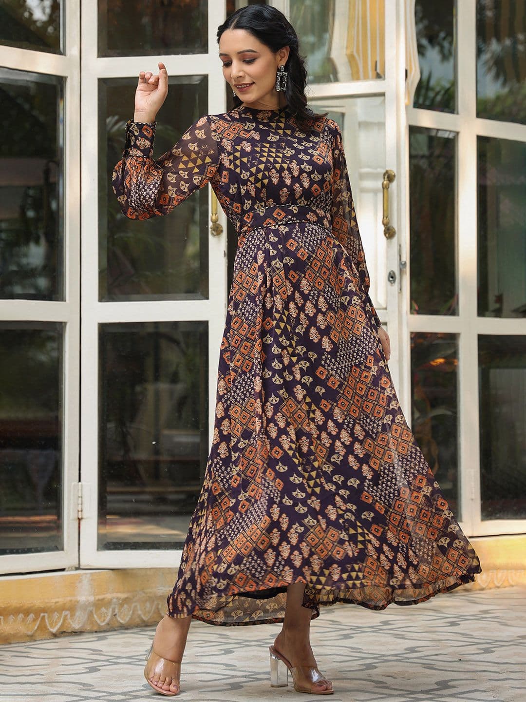 Juniper Black Ethnic Motifs Printed Chiffon Maxi Dress - view 1