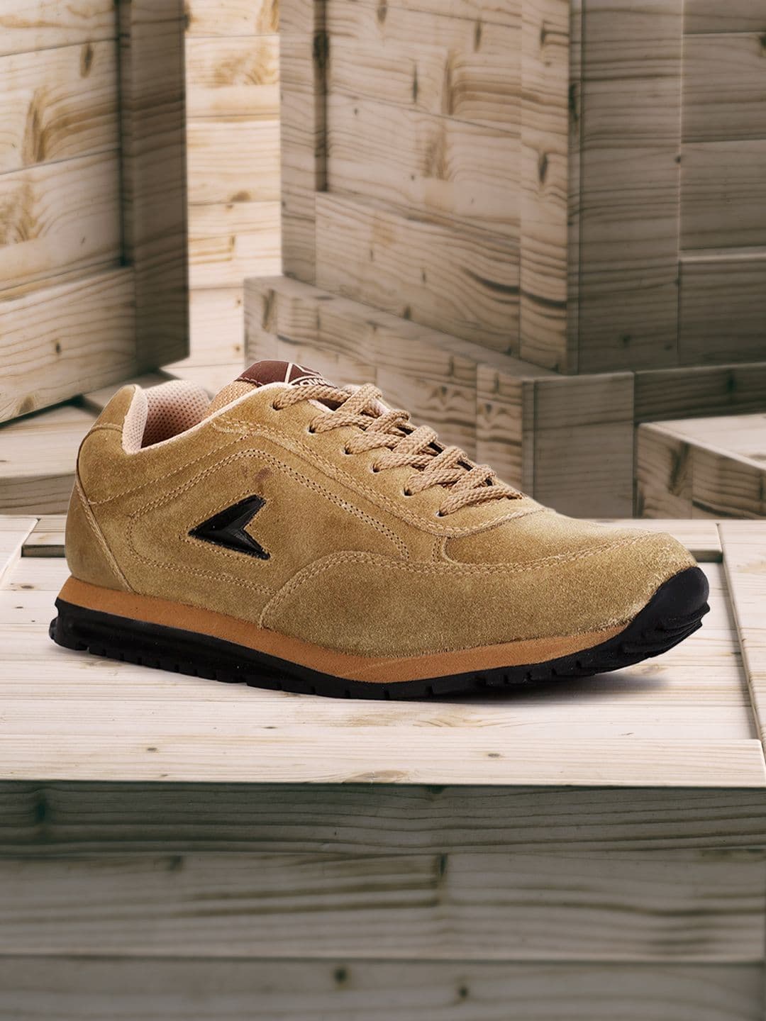 Power Men Beige Leather Running Non-Marking Shoes - view 1