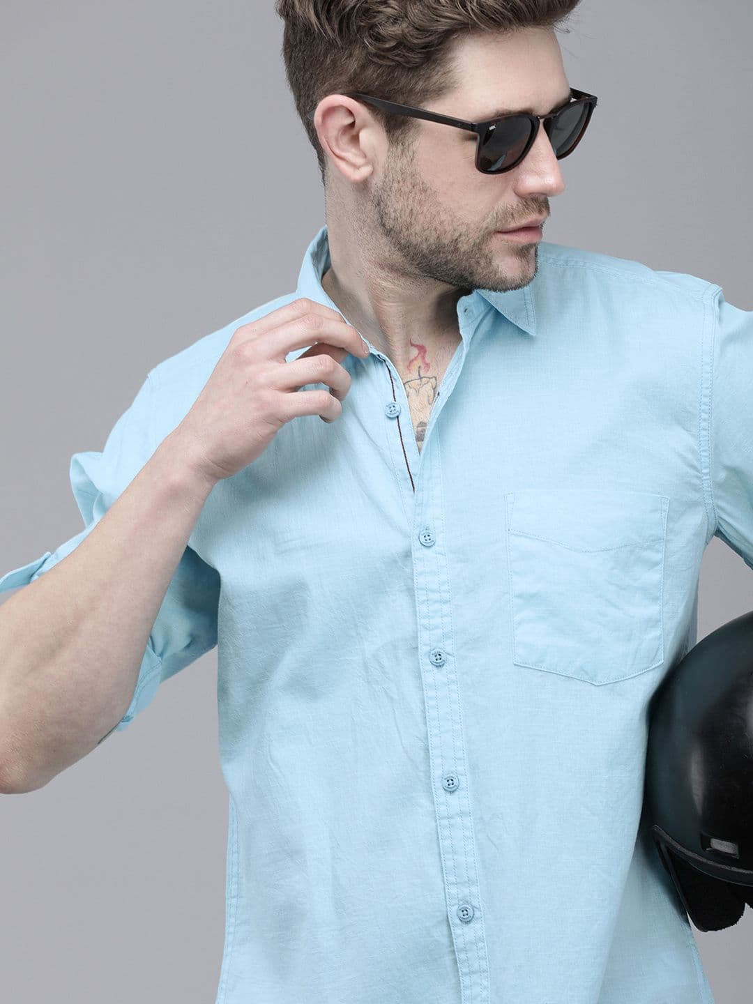 Roadster Men Turquoise Blue Solid Mandarin Collar Pure Cotton Casual Shirt - view 1