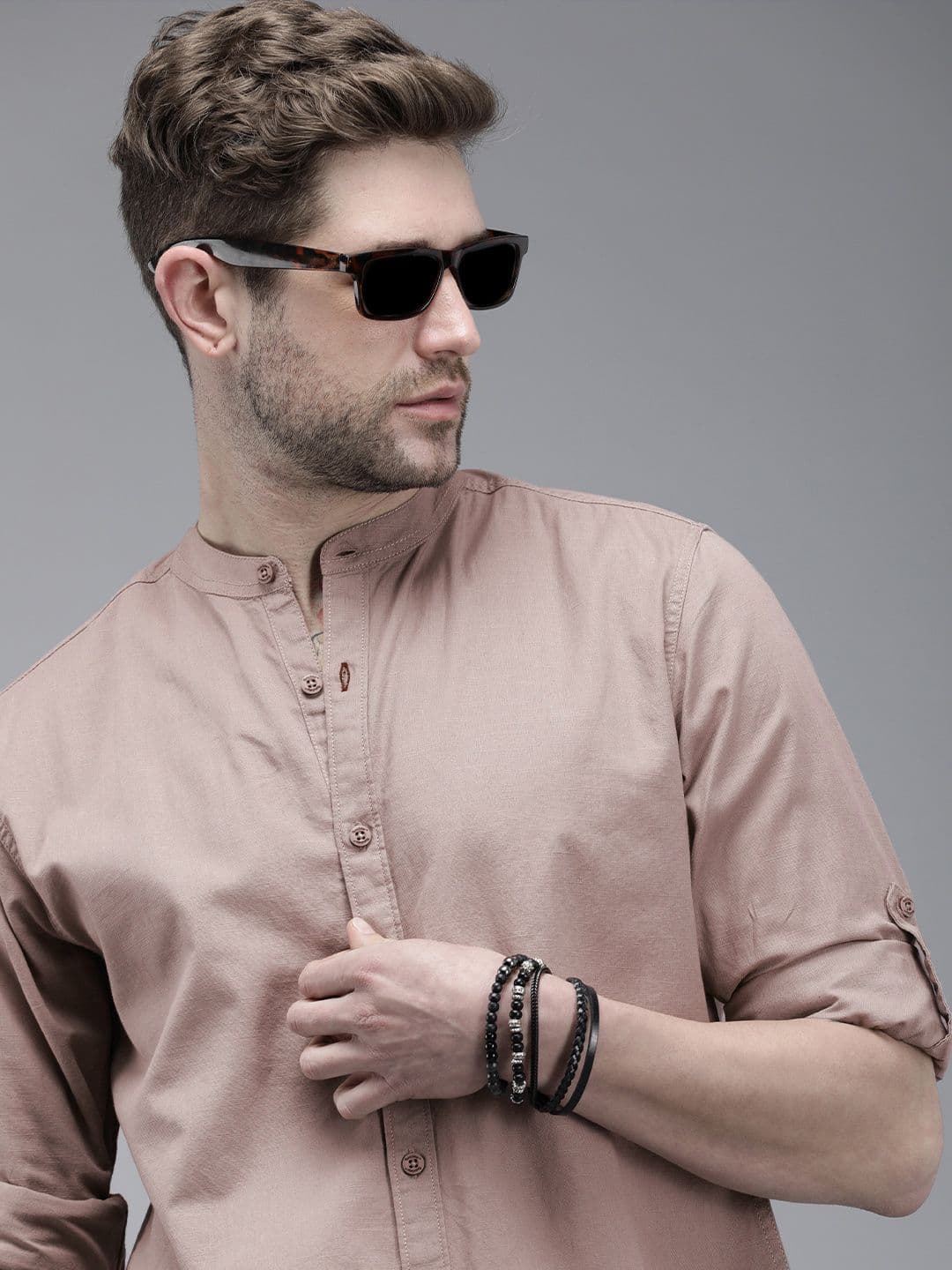 Roadster Men Beige Mandarin Collar Roll-Up Sleeves Casual Shirt - view 1