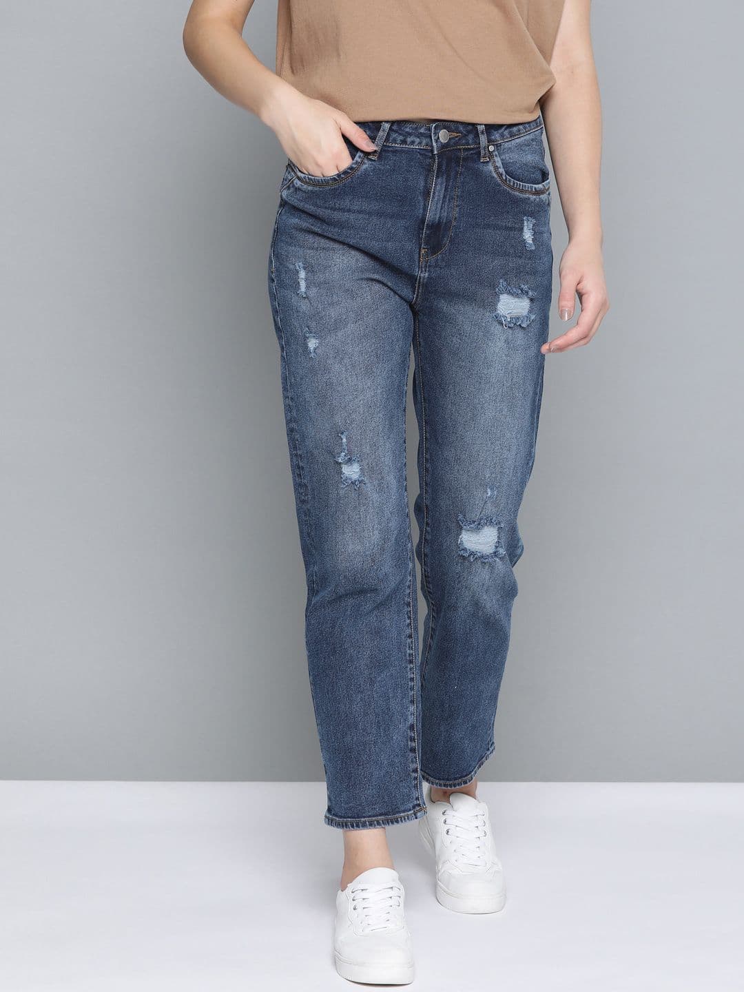 Mast & Harbour Women Straight Fit High-Rise Mildly Distressed Light Fade Stretchable Jeans - view 1