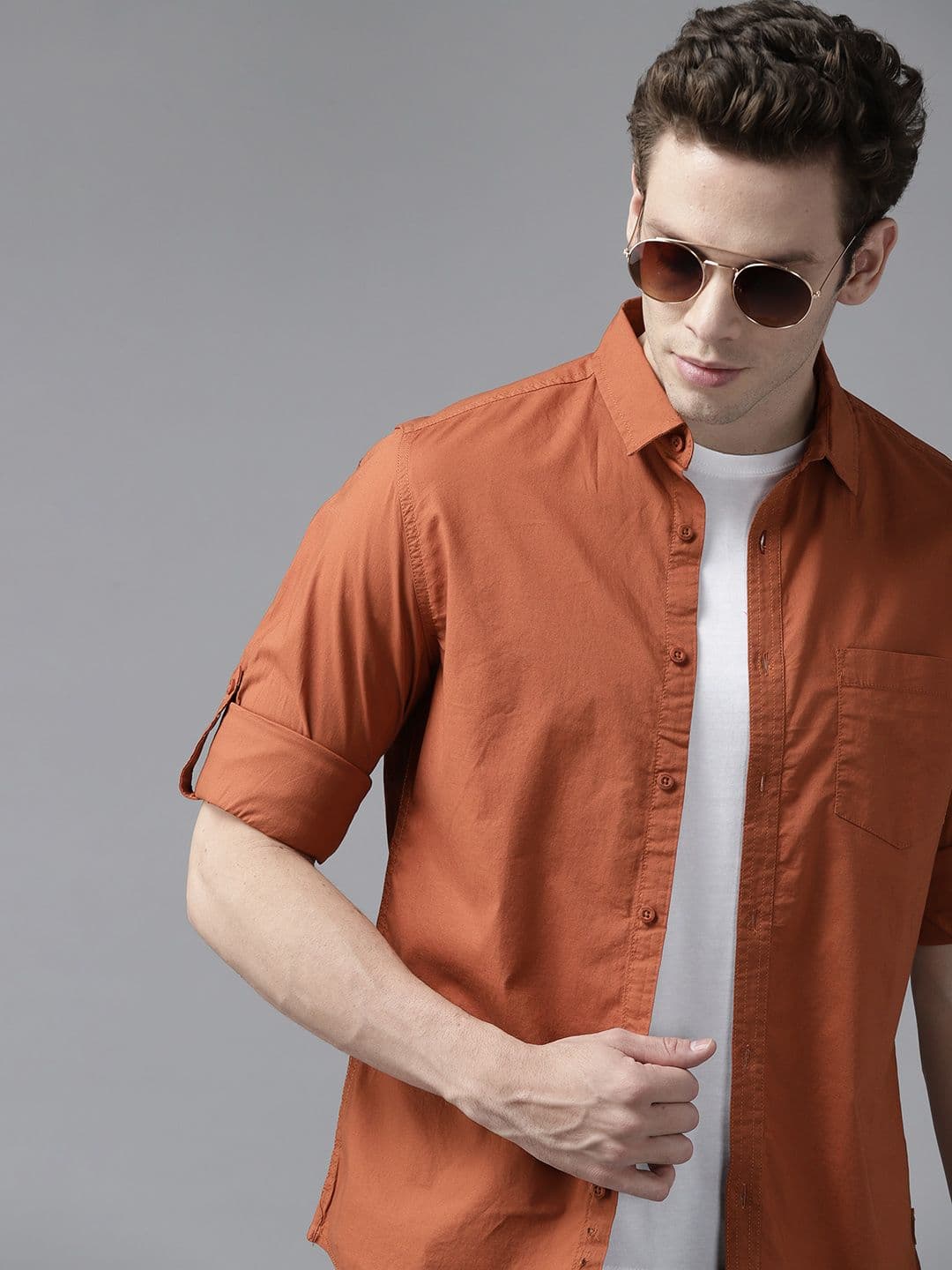 Roadster Men Rust Orange Solid Roll-Up Sleeves Regular Fit Casual Shirt - view 1
