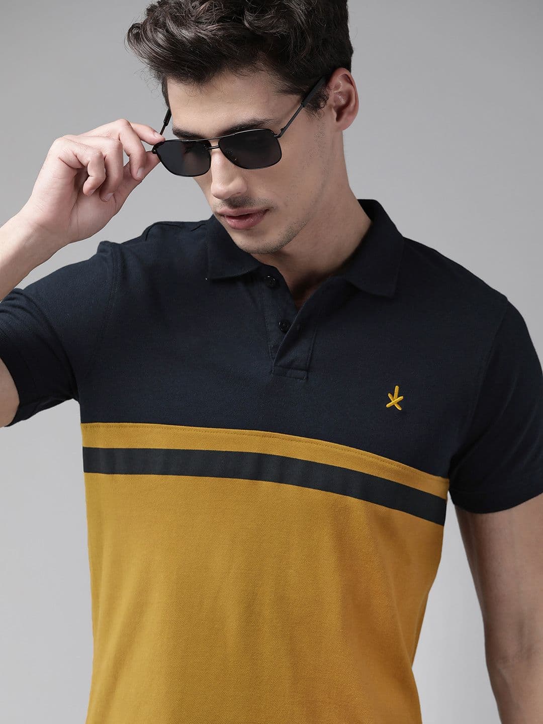 Roadster Men Navy Blue & Mustard Yellow Pure Cotton Colourblocked Polo Collar T-shirt - view 1