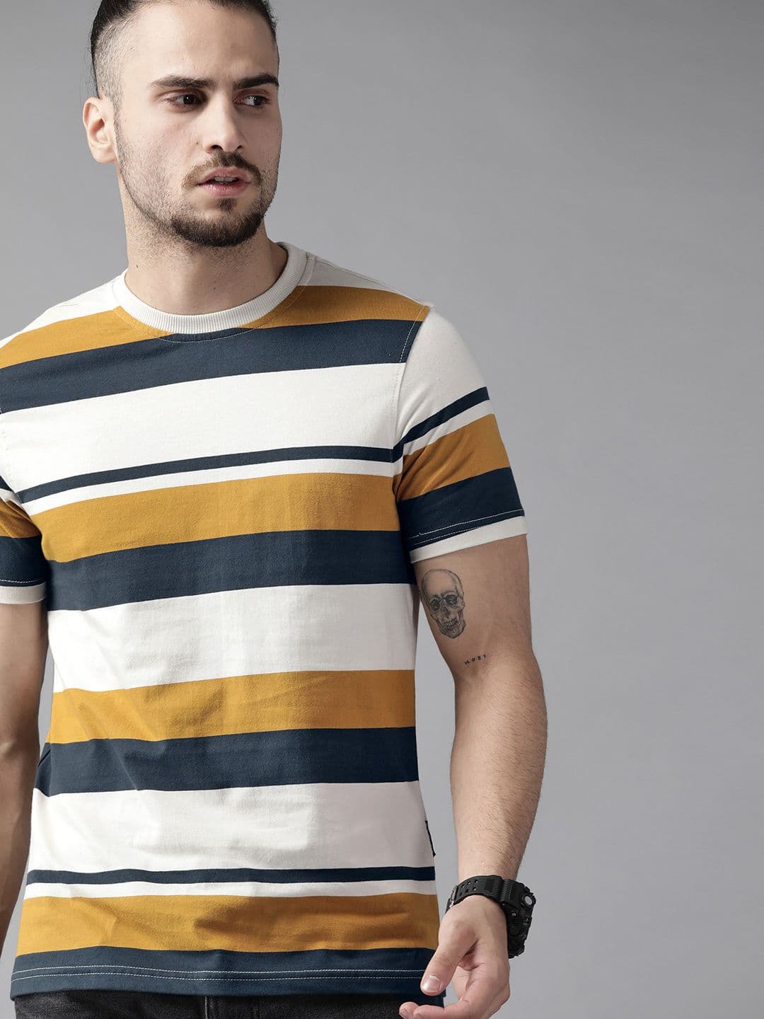 Roadster Men Off White & Navy Blue Pure Cotton Striped T-shirt - view 1