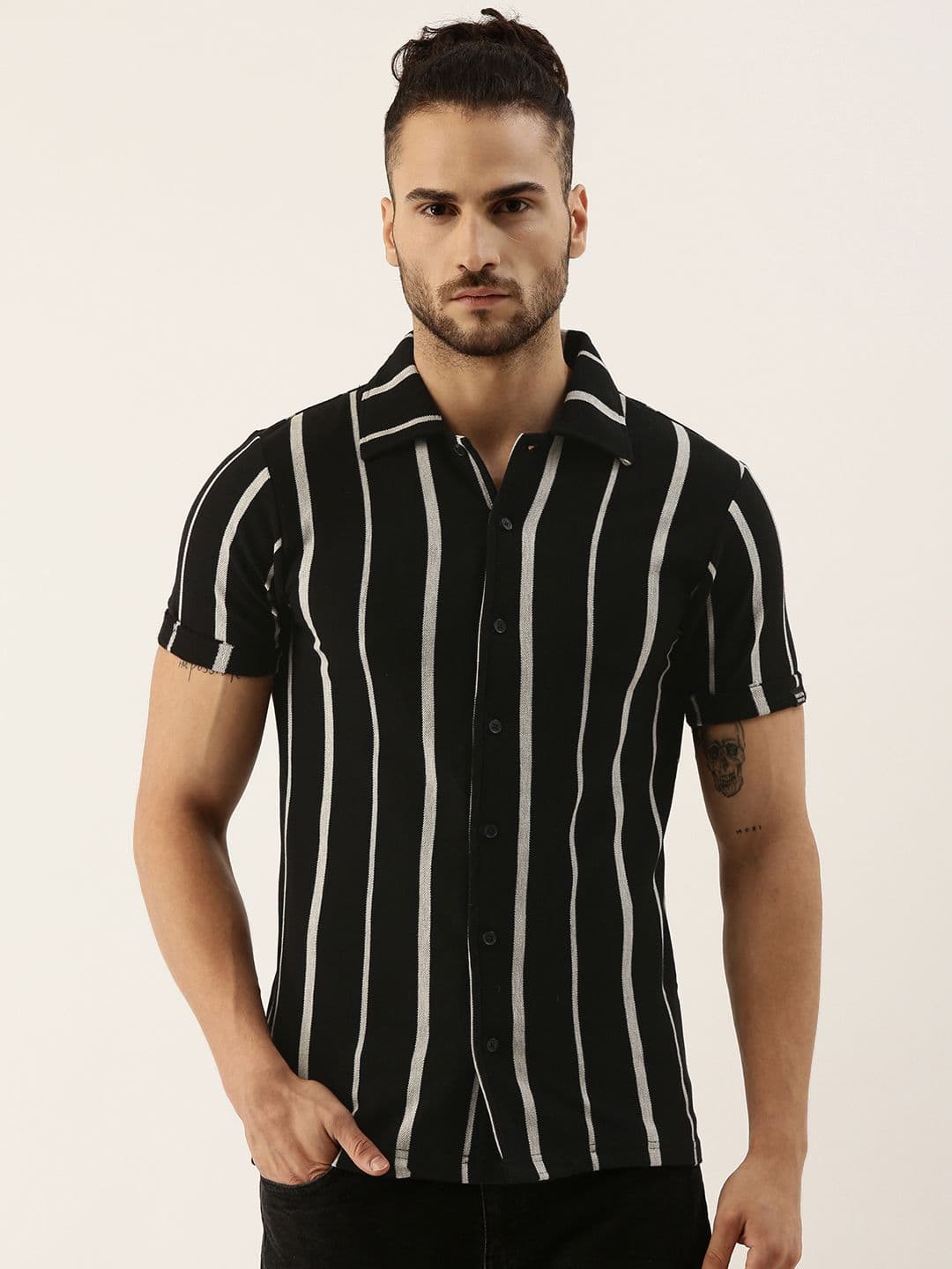 CAHOOT Men Black & Grey Cotton Striped Casual Slim FIt Shirt - view 1