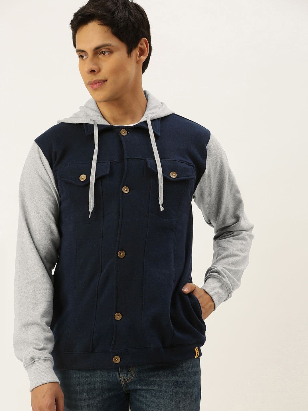 CAHOOT Men Navy Blue & Grey Colourblocked Windcheater Biker Jacket - view 1