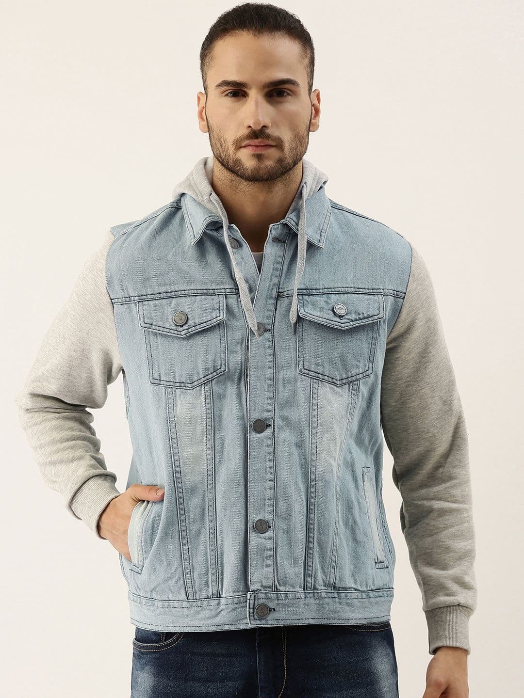 CAHOOT Men Blue & Grey Melange Washed Hooded Denim Jacket - view 1
